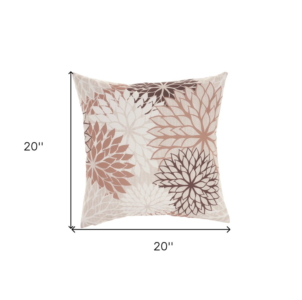 20" Brown Beige and Ivory Floral Indoor/Outdoor Patio Throw Pillow