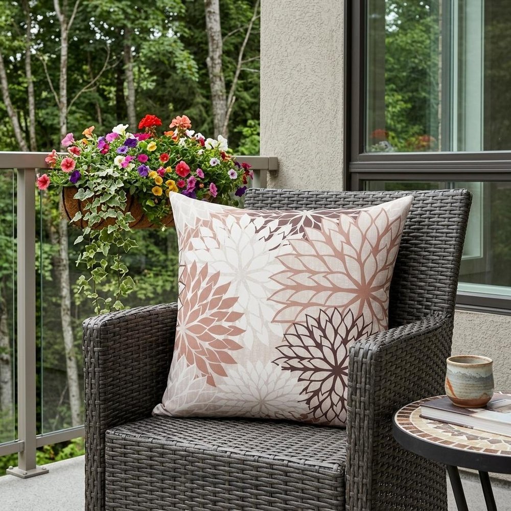 20" Brown Beige and Ivory Floral Indoor/Outdoor Patio Throw Pillow