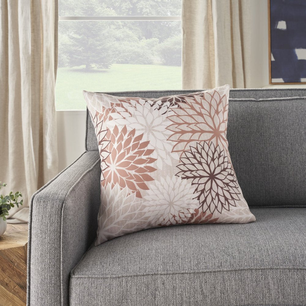 20" Brown Beige and Ivory Floral Indoor/Outdoor Patio Throw Pillow