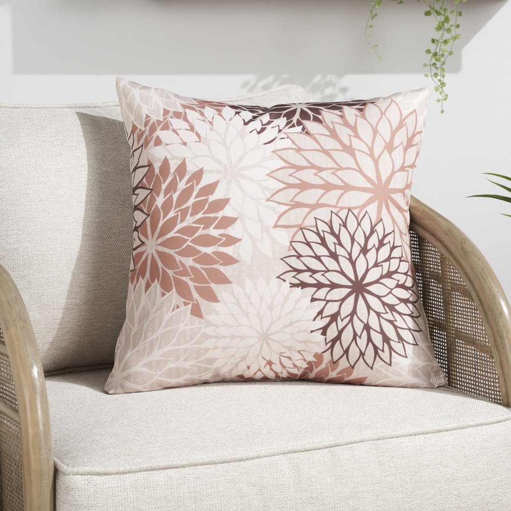 20" Brown Beige and Ivory Floral Indoor/Outdoor Patio Throw Pillow