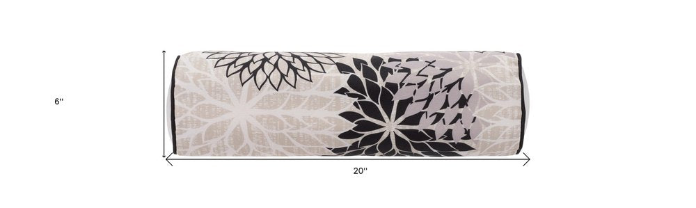 6" x 20" Black Gray and White Bolster Floral Indoor/Outdoor Patio Throw Pillow