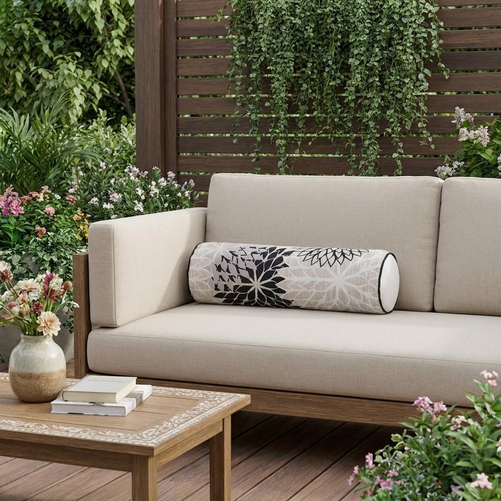 6" x 20" Black Gray and White Bolster Floral Indoor/Outdoor Patio Throw Pillow
