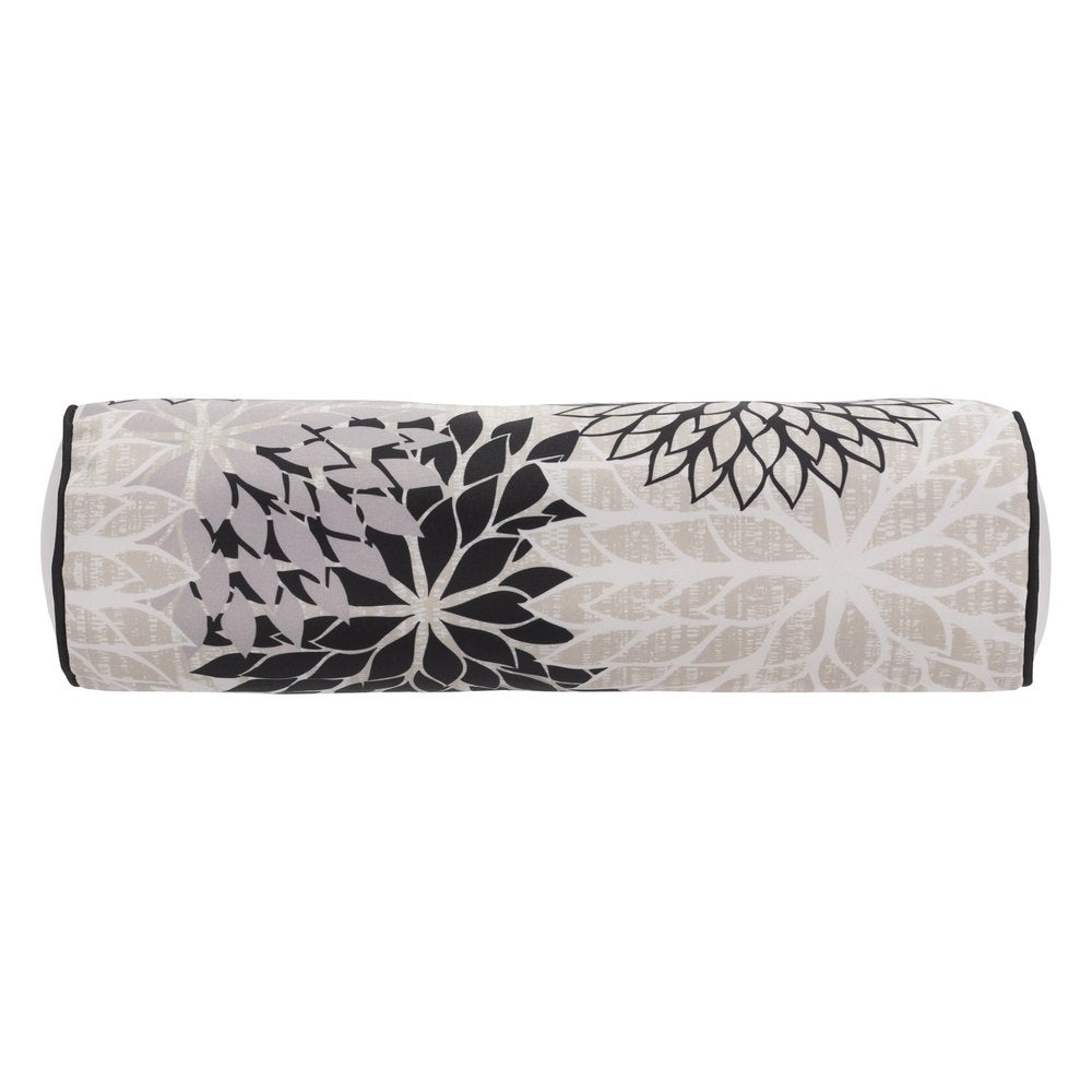 6" x 20" Black Gray and White Bolster Floral Indoor/Outdoor Patio Throw Pillow
