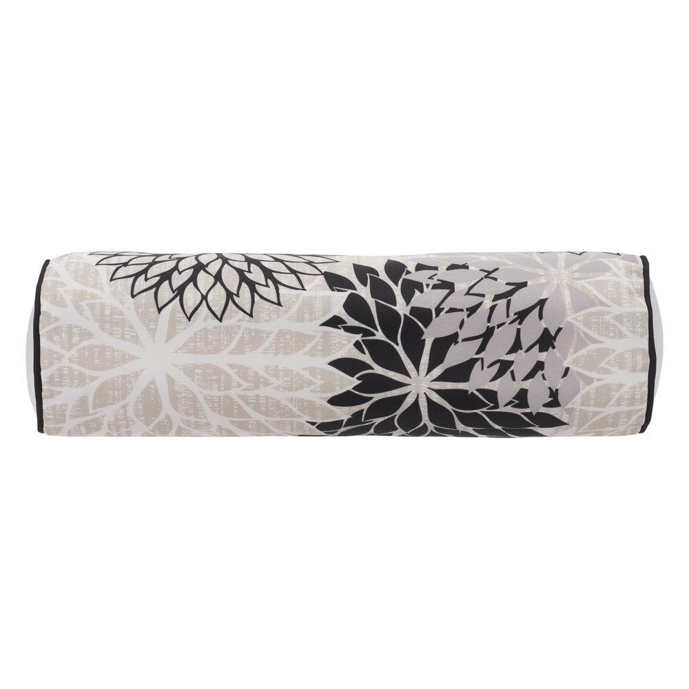 6" x 20" Black Gray and White Bolster Floral Indoor/Outdoor Patio Throw Pillow