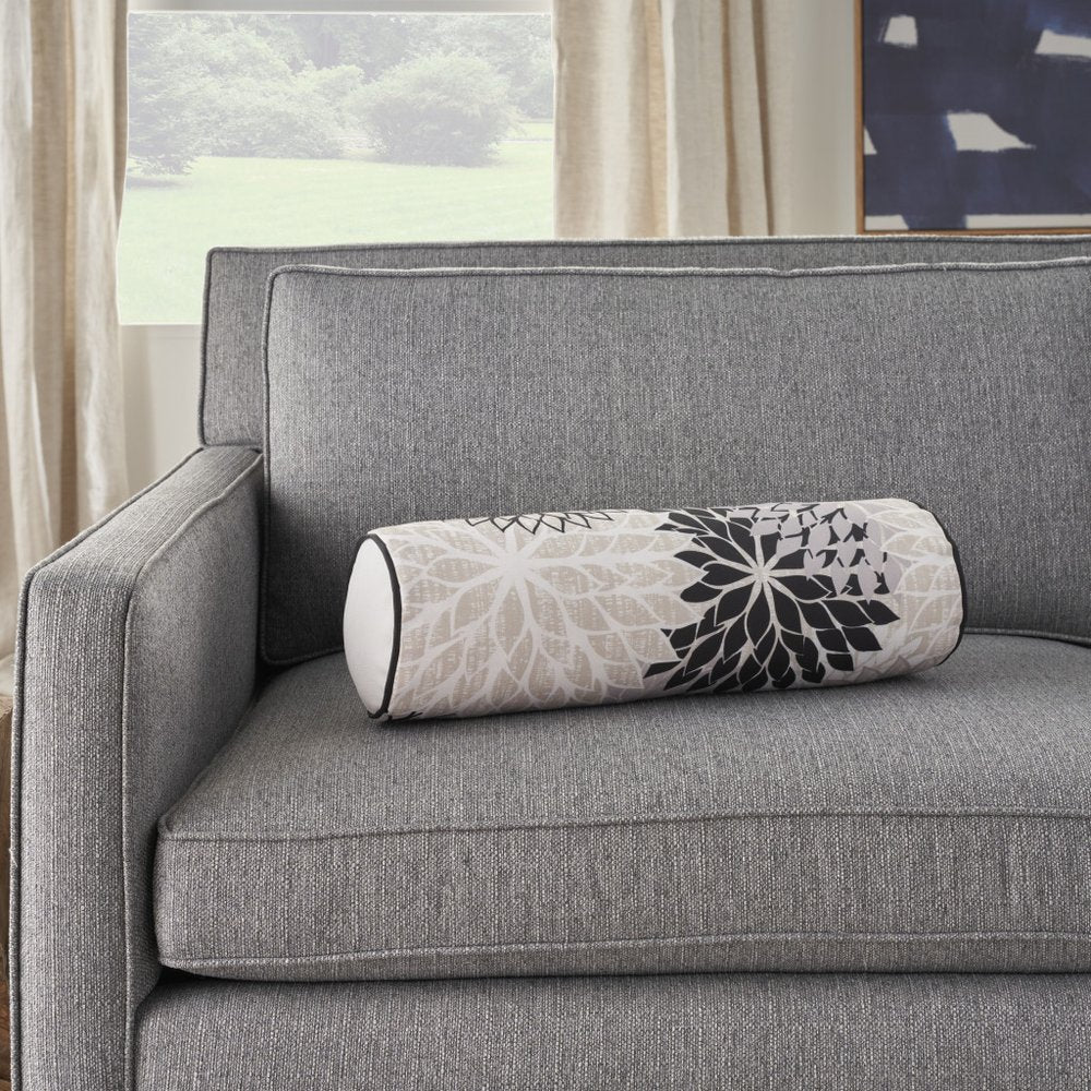 6" x 20" Black Gray and White Bolster Floral Indoor/Outdoor Patio Throw Pillow