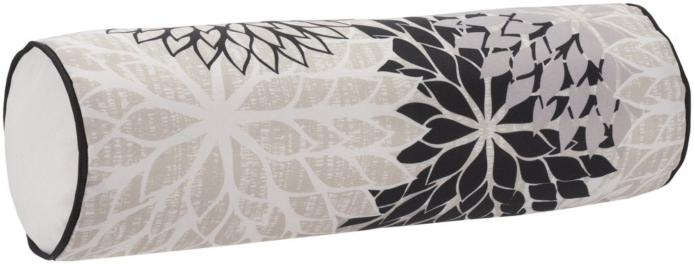 6" x 20" Black Gray and White Bolster Floral Indoor/Outdoor Patio Throw Pillow