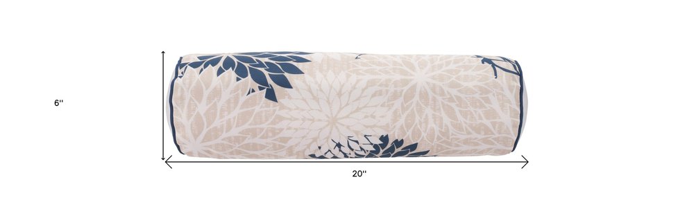 6" x 20" Beige Blue and Ivory Bolster Floral Indoor/Outdoor Patio Throw Pillow