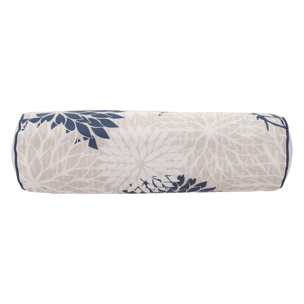 6" x 20" Beige Blue and Ivory Bolster Floral Indoor/Outdoor Patio Throw Pillow