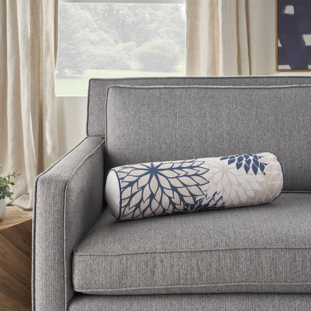 6" x 20" Beige Blue and Ivory Bolster Floral Indoor/Outdoor Patio Throw Pillow