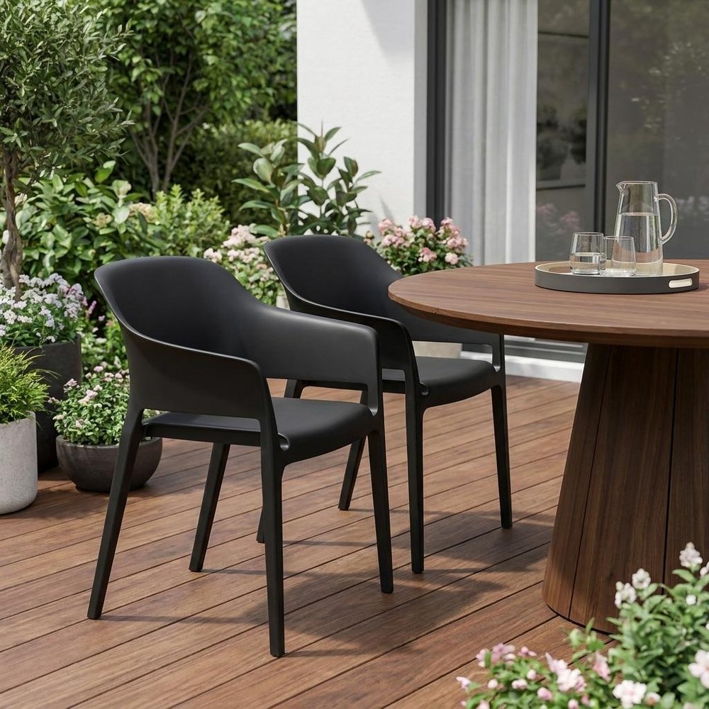 2-Piece Black Heavy-Duty Plastic Outdoor Patio Stacking Dining Chair Set