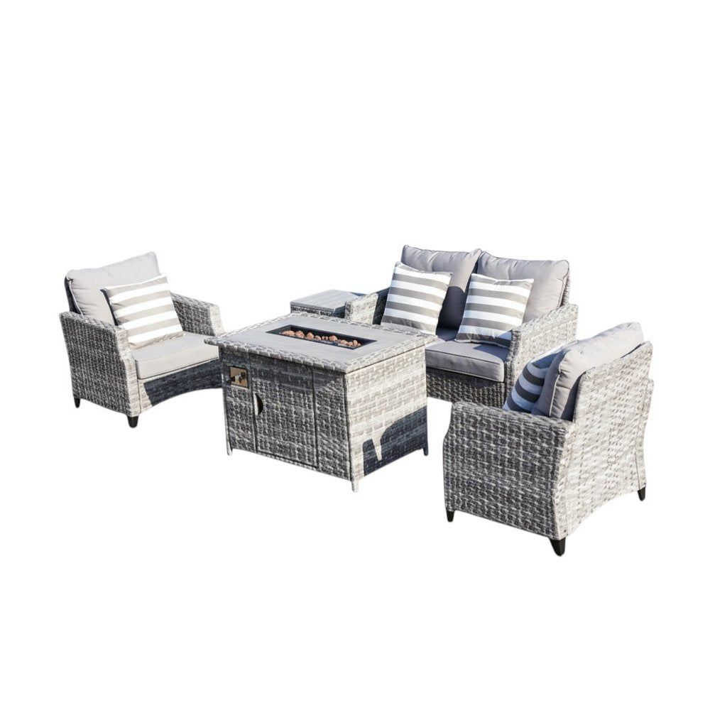5-Piece Gray Rattan Outdoor Patio Conversation Set with Fire Pit & Table