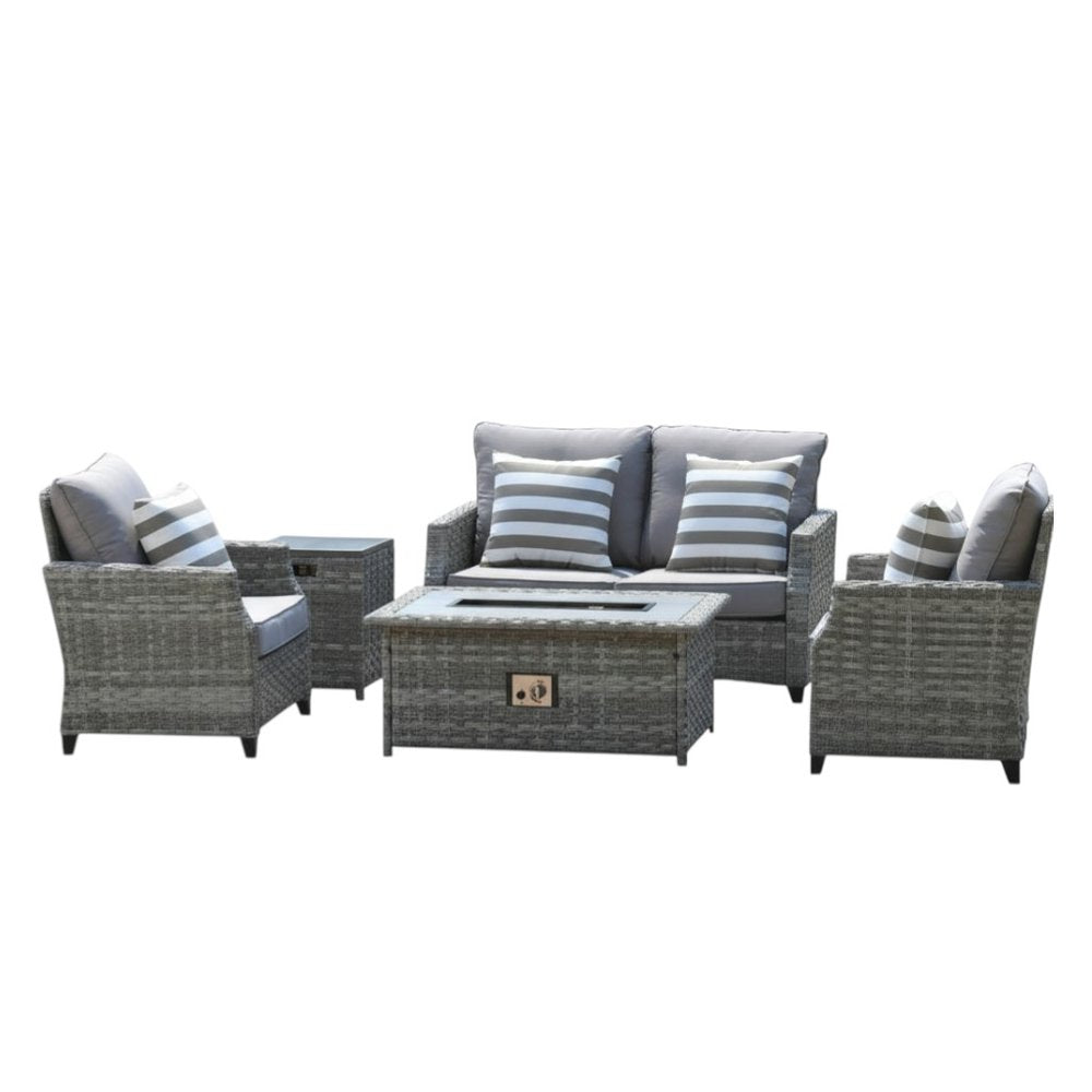5-Piece Gray Rattan Outdoor Patio Conversation Set with Fire Pit & Table