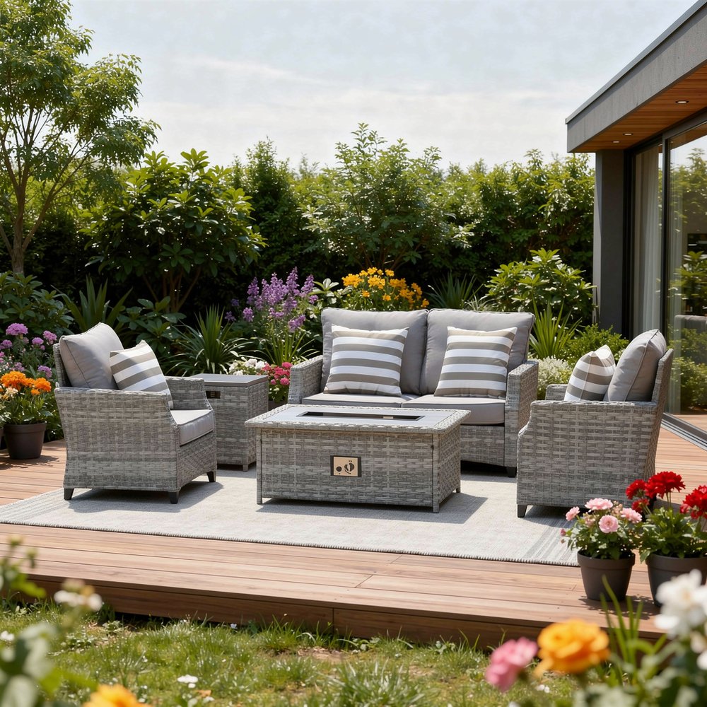 5-Piece Gray Rattan Outdoor Patio Conversation Set with Fire Pit & Table