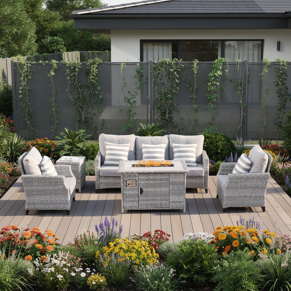 5-Piece Gray Rattan Outdoor Patio Conversation Set with Fire Pit & Table