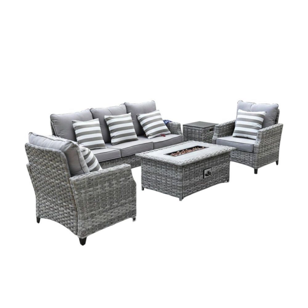 5-Piece Gray Rattan Outdoor Patio Conversation Set with Fire Pit & Table