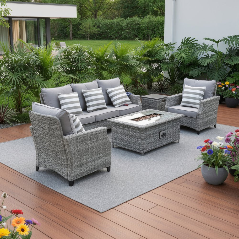 5-Piece Gray Rattan Outdoor Patio Conversation Set with Fire Pit & Table