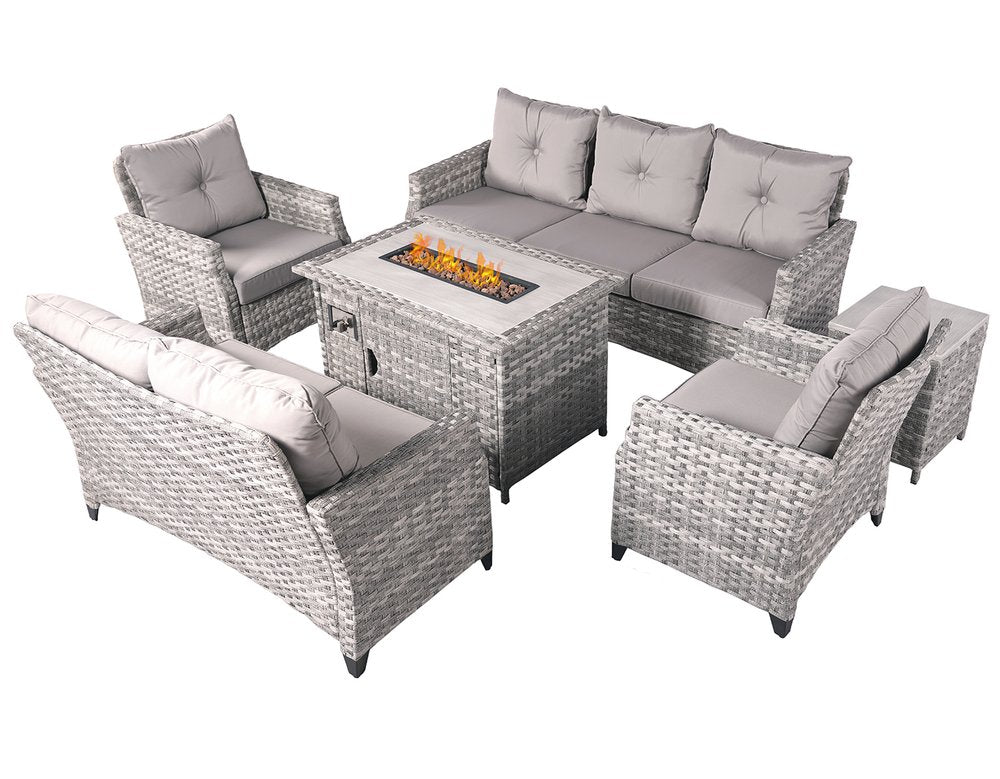 6-Piece Gray Rattan Outdoor Patio Conversation Set with Fire Pit & Table