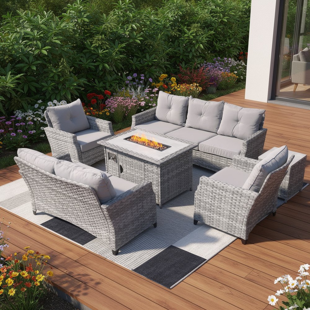 6-Piece Gray Rattan Outdoor Patio Conversation Set with Fire Pit & Table