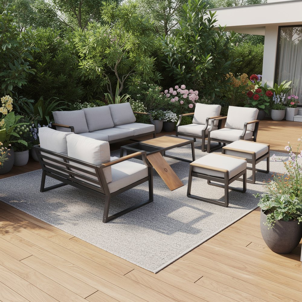 7-Piece Black Metal Outdoor Patio Conversation Set with Table