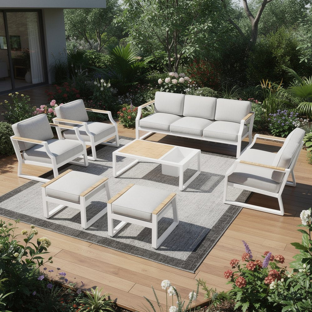 7-Piece White Metal Outdoor Patio Conversation Set with Table