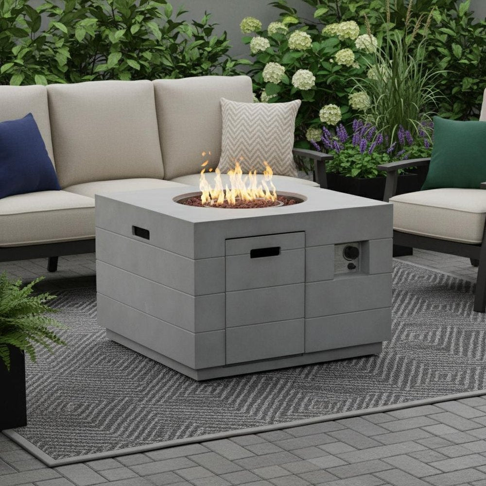 50,000 BTU 35" Gray Aluminum Natural Gas Square Outdoor Fire Pit Table with Cover