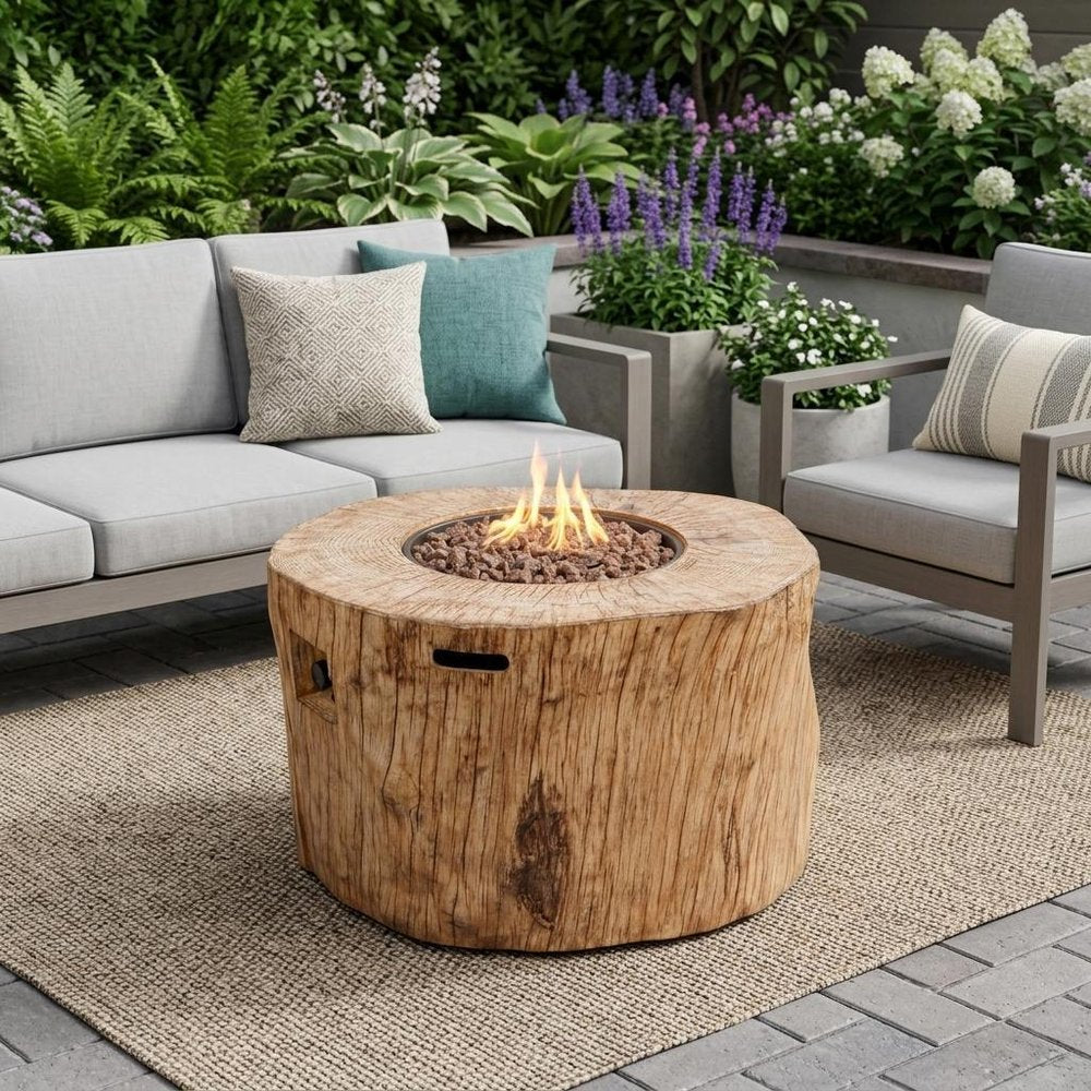 37" Brown Faux Wood Stump Propane Round Outdoor Fire Pit with Cover