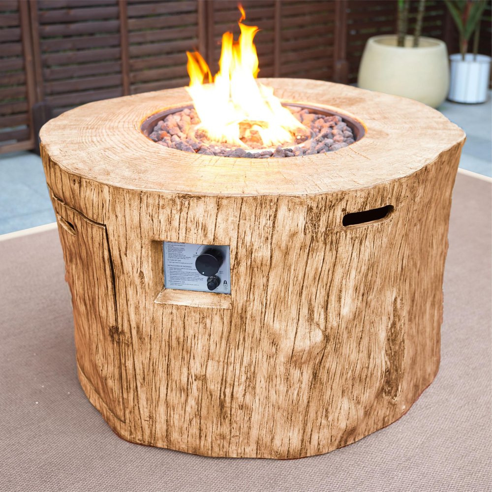 37" Brown Faux Wood Stump Propane Round Outdoor Fire Pit with Cover