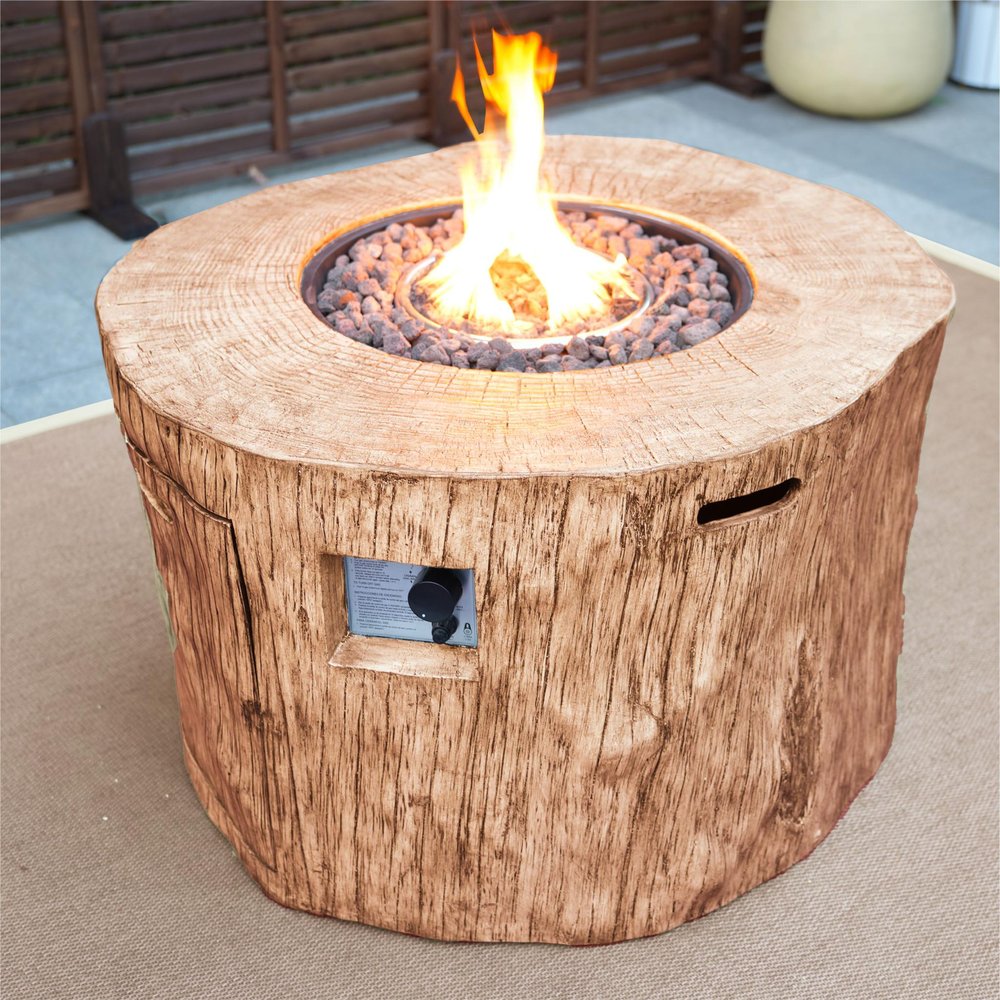 37" Brown Faux Wood Stump Propane Round Outdoor Fire Pit with Cover