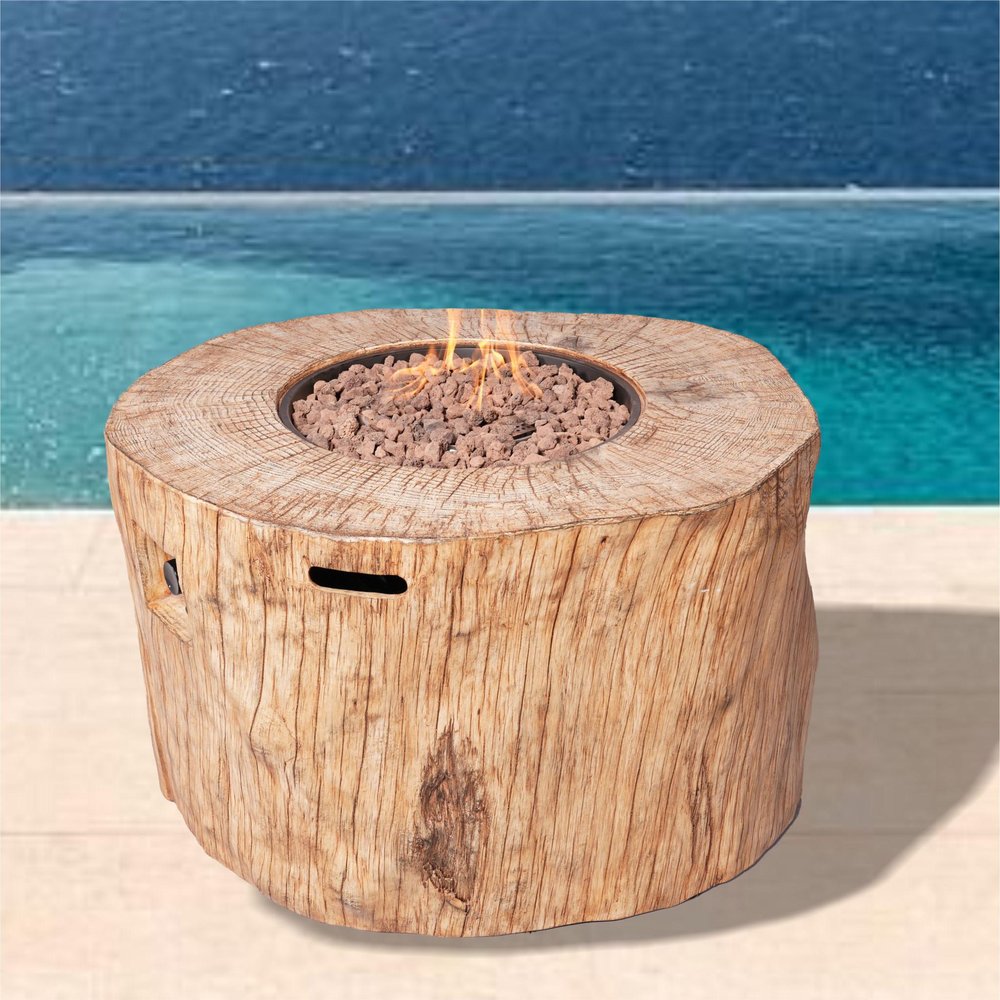 37" Brown Faux Wood Stump Propane Round Outdoor Fire Pit with Cover