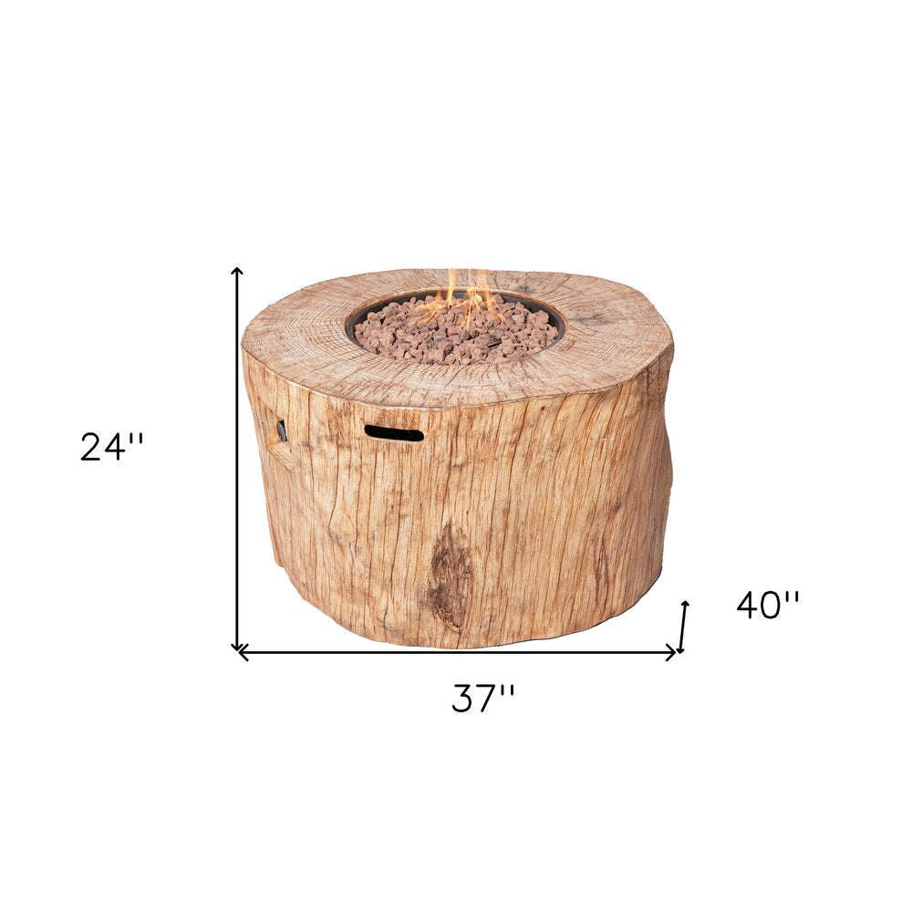 37" Brown Faux Wood Stump Propane Round Outdoor Fire Pit with Cover
