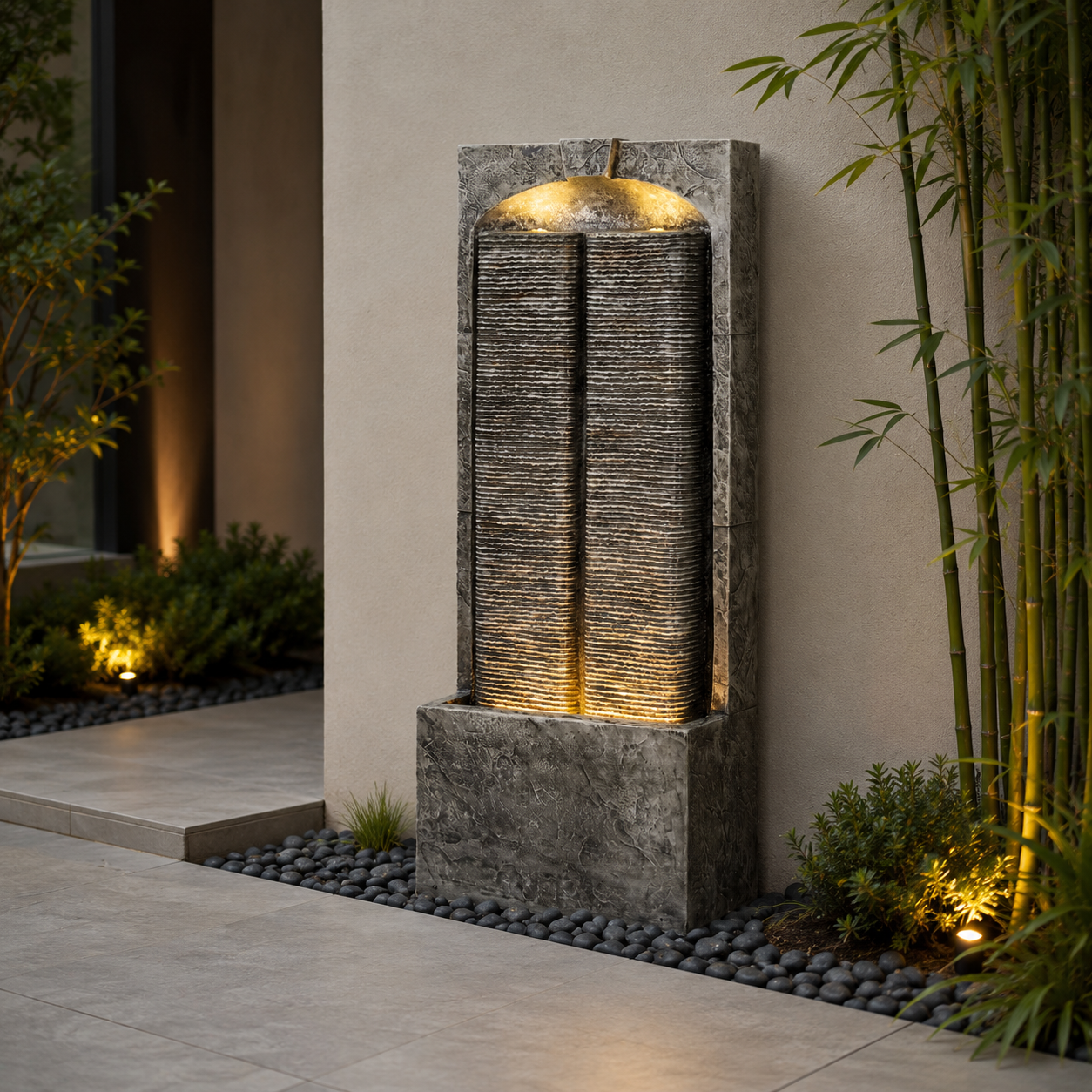 Outdoor Water Fountain with Cascading Lights