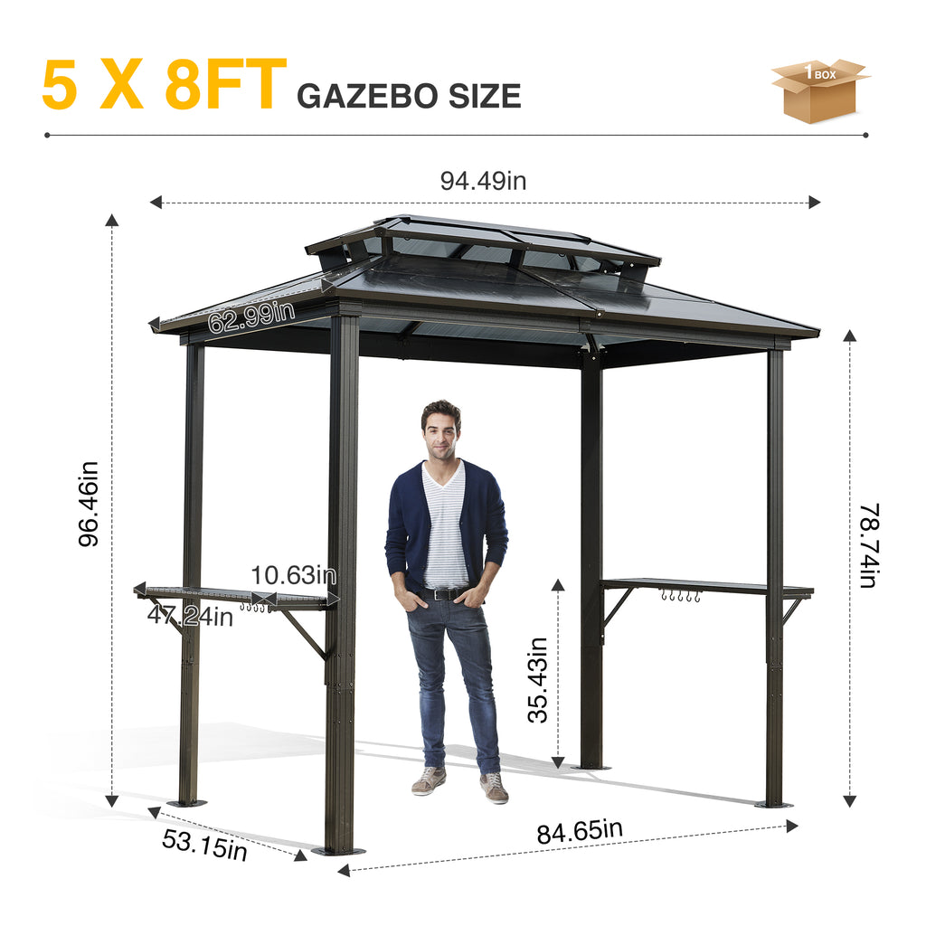 Outdoor Grill Gazebo 8 x 8FT, Hardtop BBQ Gazebo with UV-Resistant Polycarbonate Roof & Storage Hooks for Patio, Lawn, Garden