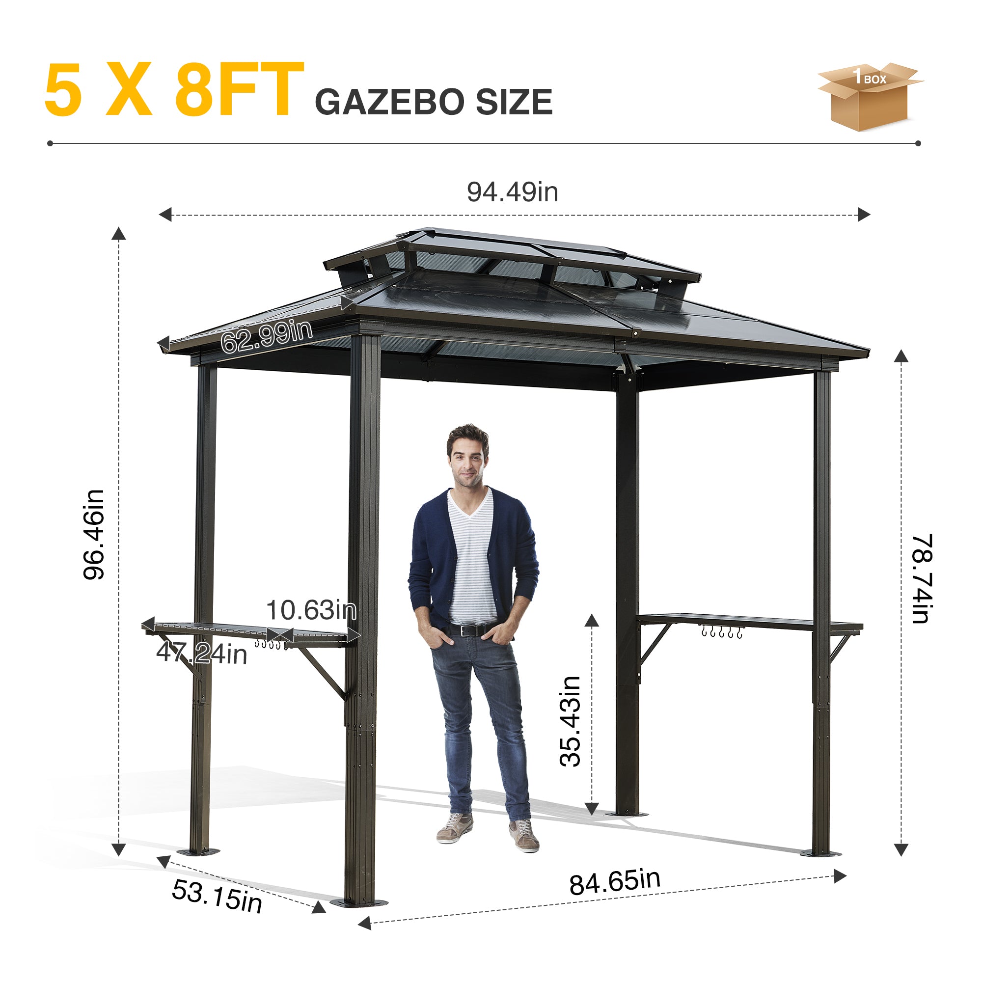 Outdoor Grill Gazebo 8 x 8FT, Hardtop BBQ Gazebo with UV-Resistant Polycarbonate Roof & Storage Hooks for Patio, Lawn, Garden