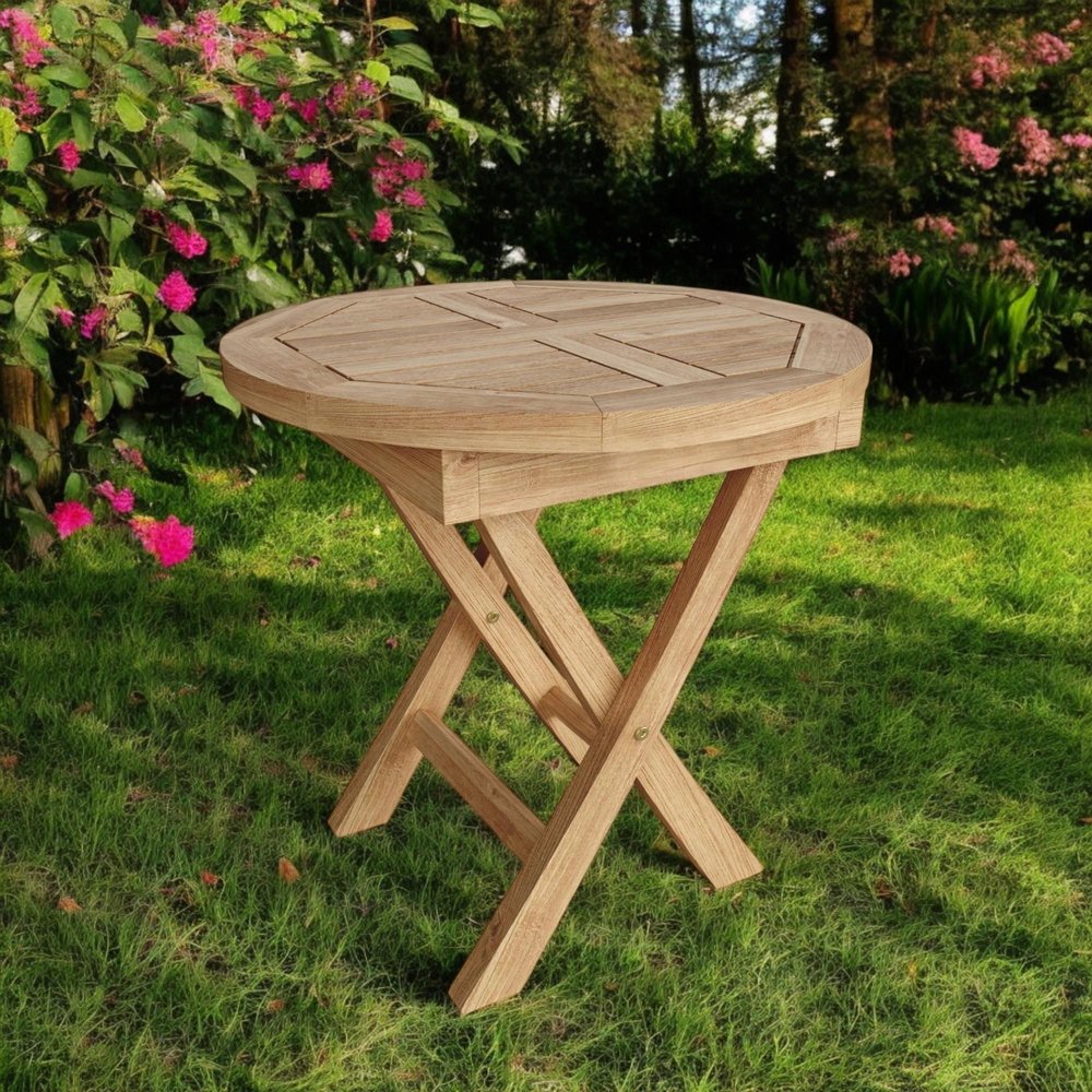 20" Natural Rounded Solid Wood Folding Outdoor Patio Side Table