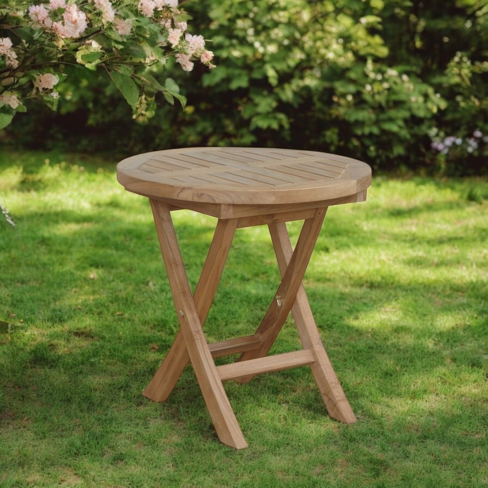 20" Natural Rounded Solid Wood Folding Outdoor Patio Side Table