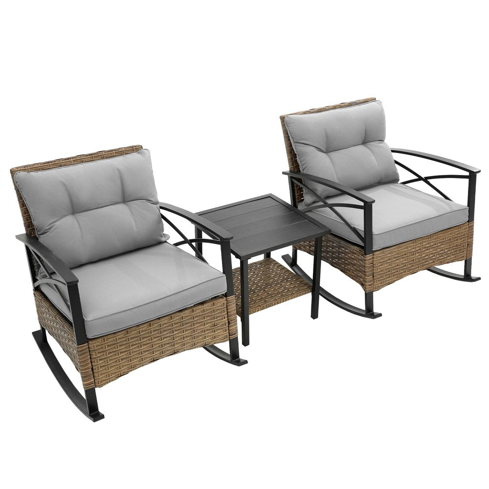 3-Piece Black Natural and Gray Rattan 2-Person Outdoor Patio Conversation Set with Table