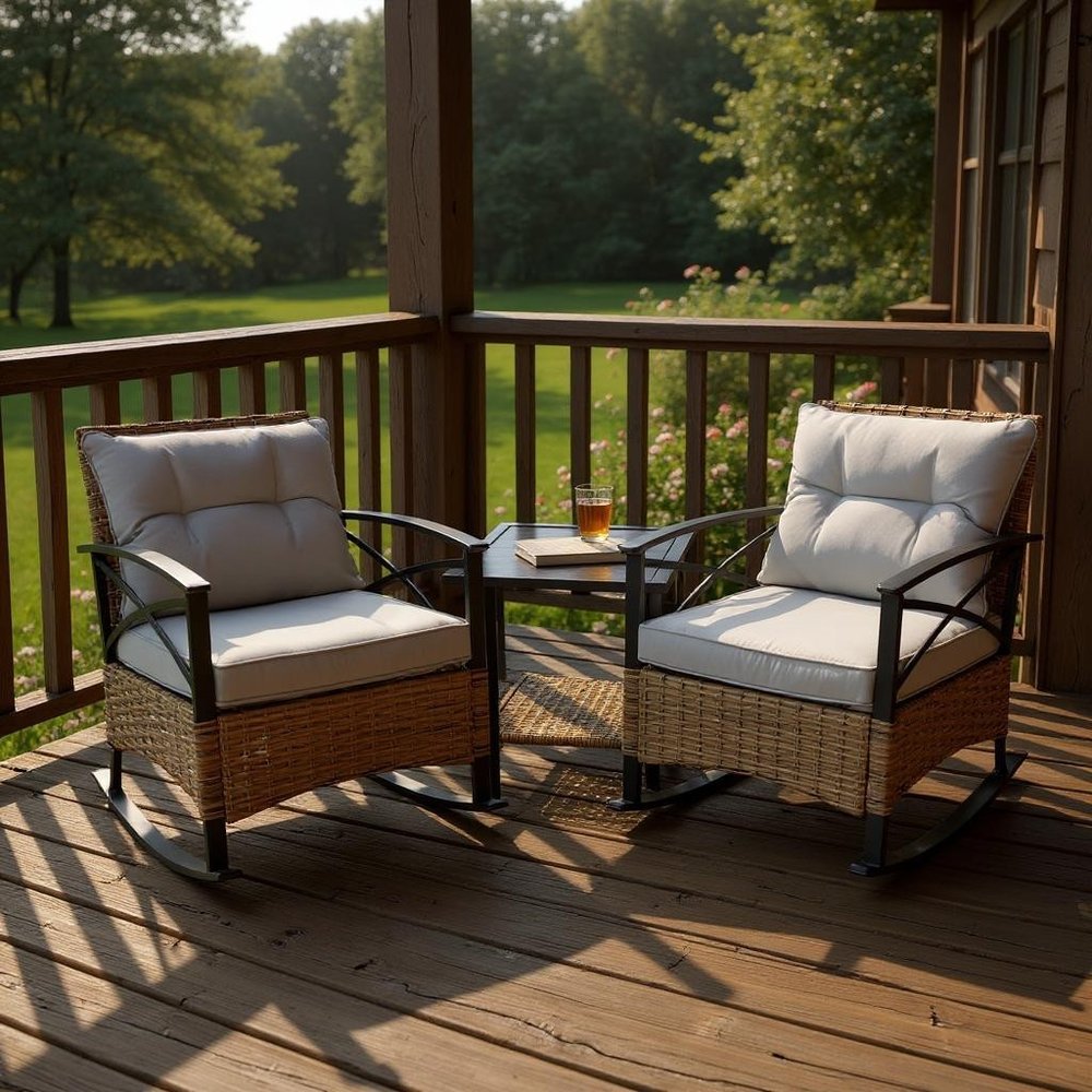 3-Piece Black Natural and Gray Rattan 2-Person Outdoor Patio Conversation Set with Table
