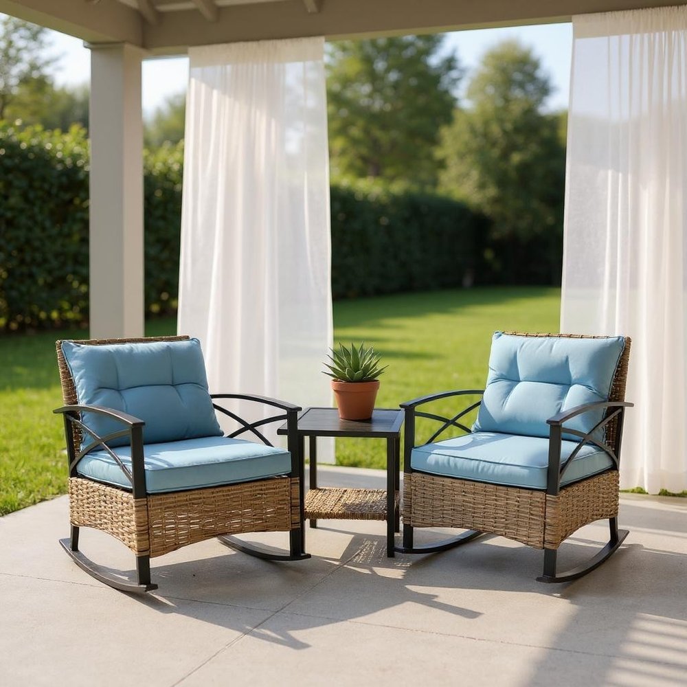 3-Piece Black Natural and Light Blue Rattan 2-Person Outdoor Patio Conversation Set with Table
