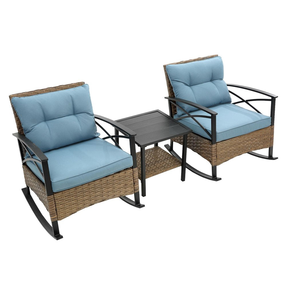 3-Piece Black Natural and Light Blue Rattan 2-Person Outdoor Patio Conversation Set with Table