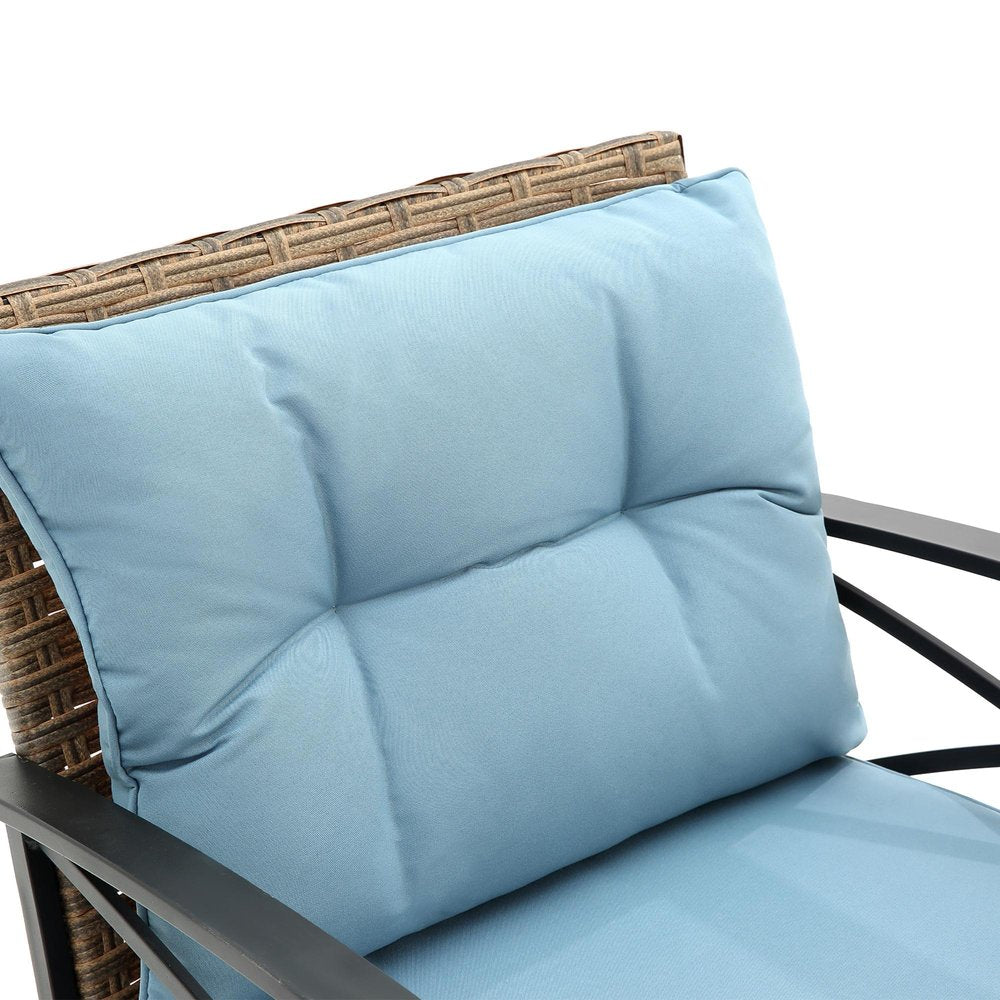 3-Piece Black Natural and Light Blue Rattan 2-Person Outdoor Patio Conversation Set with Table