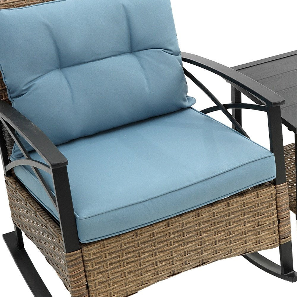 3-Piece Black Natural and Light Blue Rattan 2-Person Outdoor Patio Conversation Set with Table
