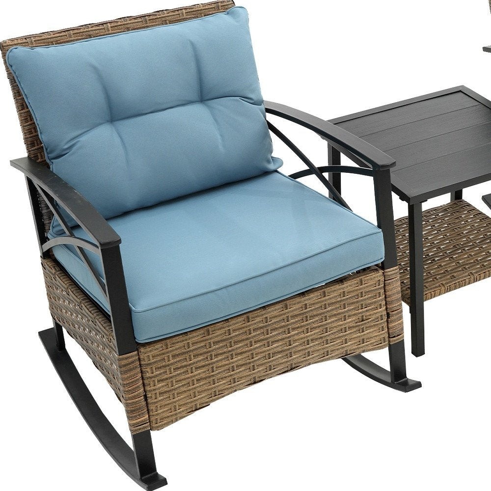 3-Piece Black Natural and Light Blue Rattan 2-Person Outdoor Patio Conversation Set with Table