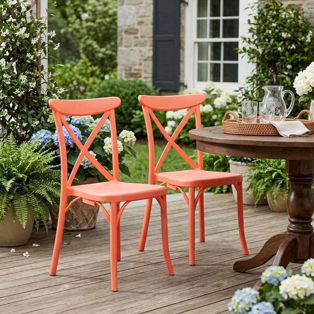 2-Piece Salmon Heavy-Duty Plastic Outdoor Patio Stacking Dining Chair Set