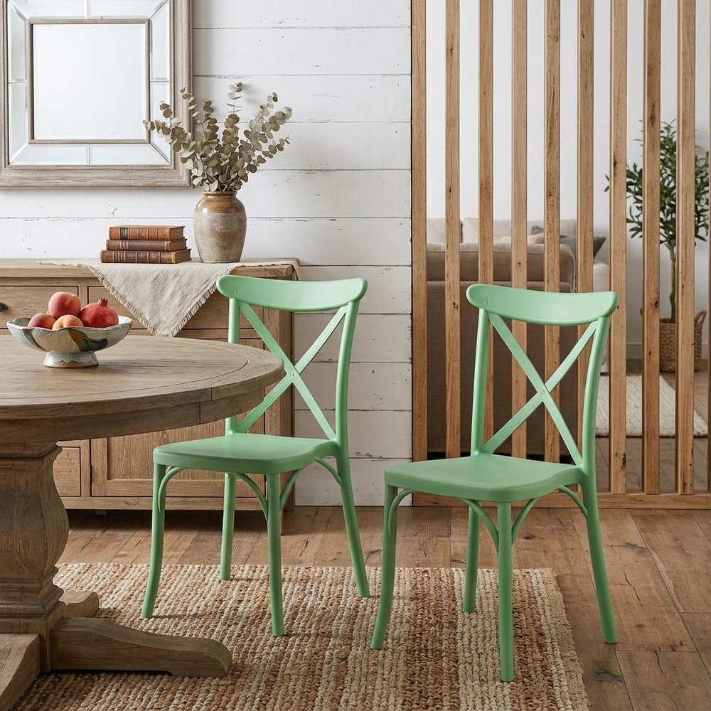 2-Piece Green Heavy-Duty Plastic Outdoor Patio Stacking Dining Chair Set