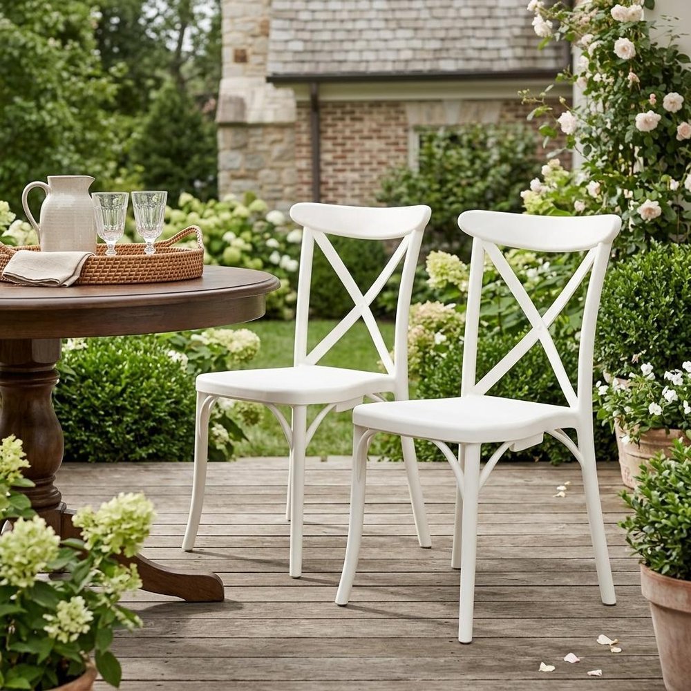 2-Piece White Heavy-Duty Plastic Outdoor Patio Stacking Dining Chair Set