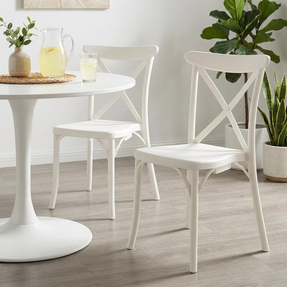 2-Piece White Heavy-Duty Plastic Outdoor Patio Stacking Dining Chair Set