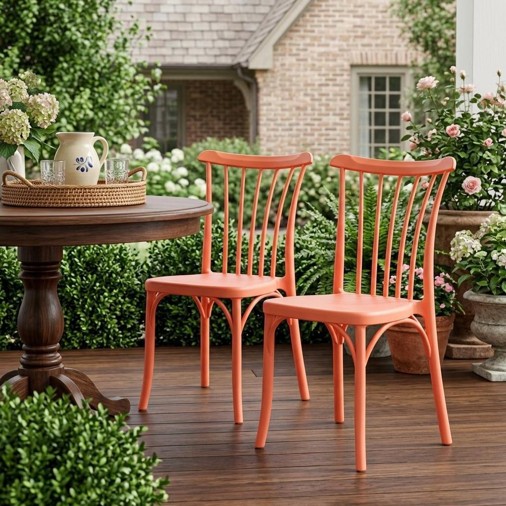2-Piece Salmon Heavy-Duty Plastic Outdoor Patio Stacking Dining Chair Set