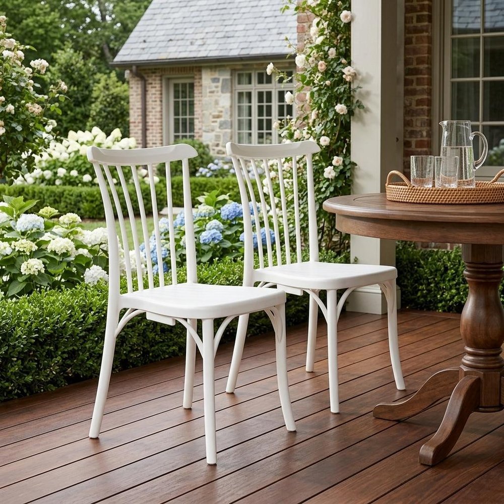 2-Piece White Heavy-Duty Plastic Outdoor Patio Stacking Dining Chair Set