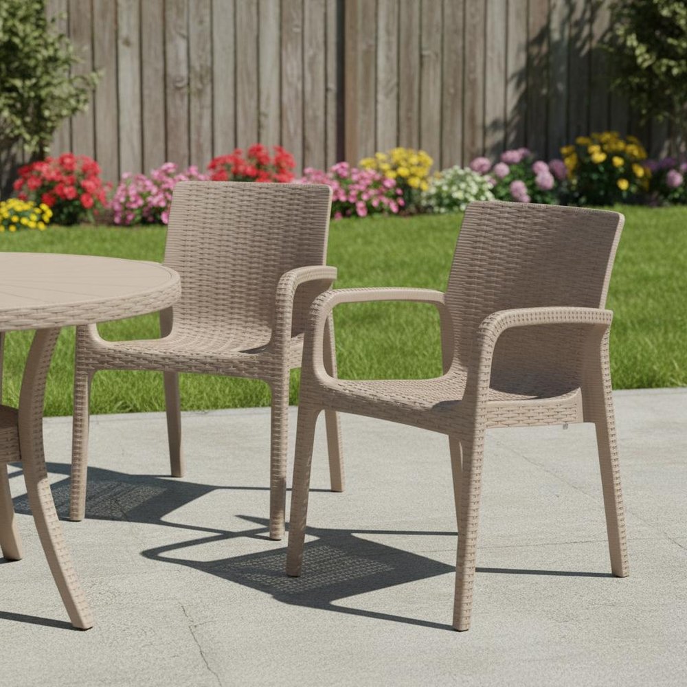 2-Piece Taupe Faux Rattan Heavy-Duty Plastic Outdoor Patio Stacking Arm Chair Set