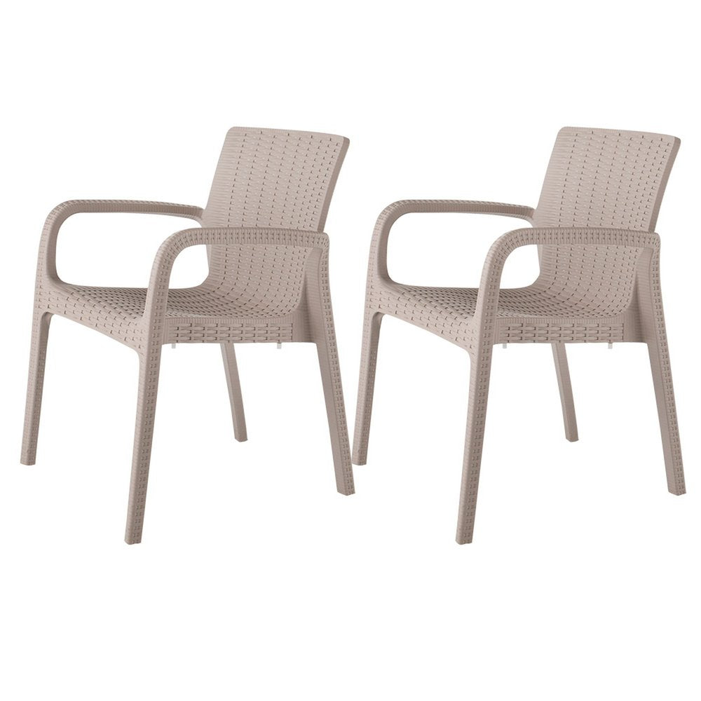2-Piece Taupe Faux Rattan Heavy-Duty Plastic Outdoor Patio Stacking Arm Chair Set
